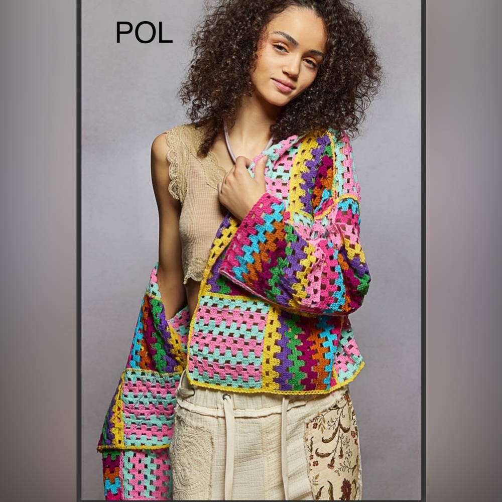 BP215-10💜💙NEW! POL pretty  Multicolor Patchwork Cardigan w/gorg color scheme!